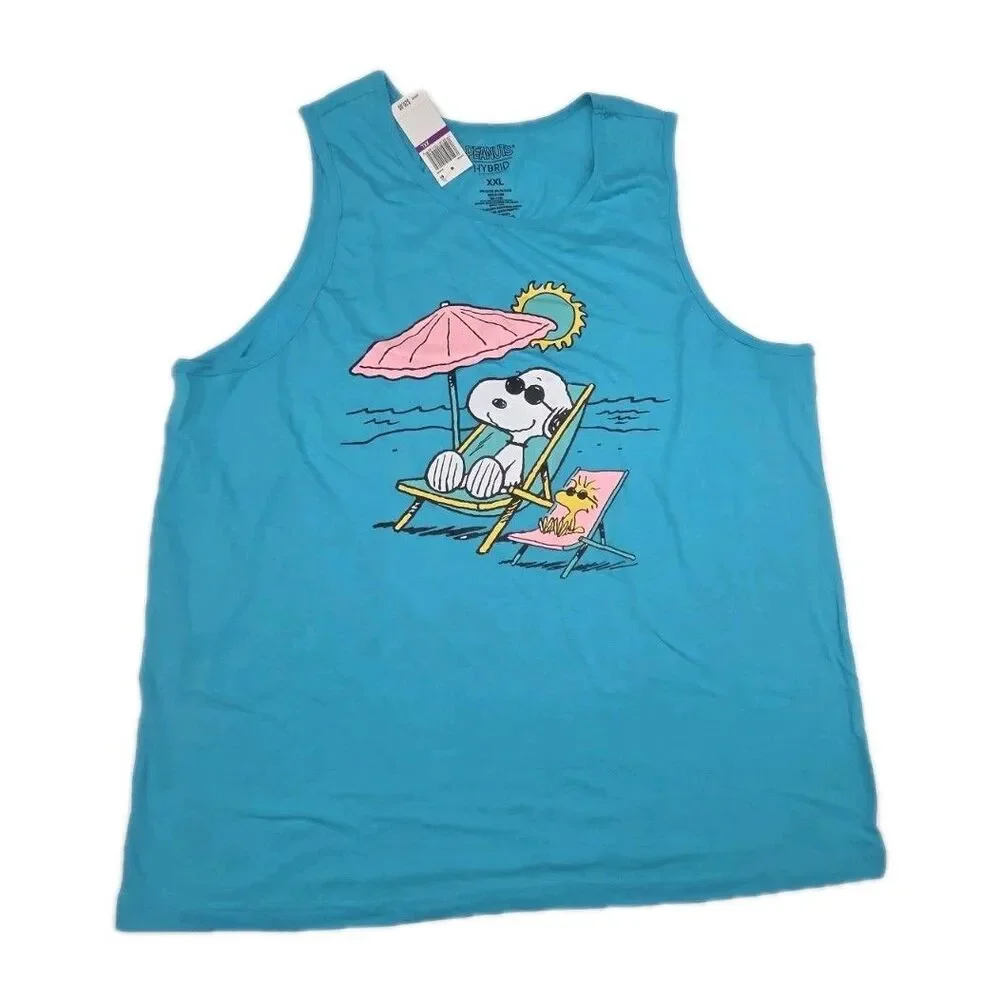 Peanuts Snoopy Woodstock Sunbathing Blue Tank Top XXL NWT Beach Theme Cartoon